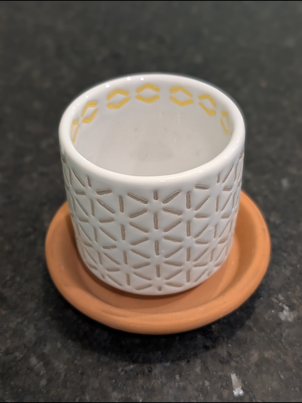 White Geometric Ceramic Planter with Terracotta Saucer